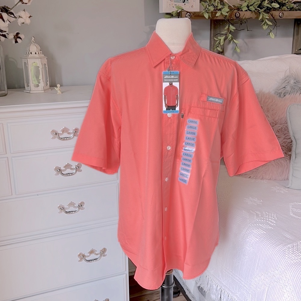 Eddie Bauer Coral Button Down Front Performance Shirt Mens Large Short Sleeve